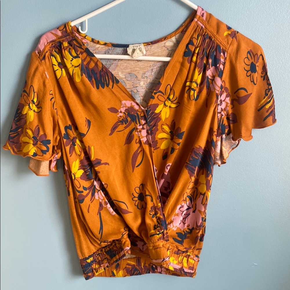 Anthropologie Floral Orange Wrap Top